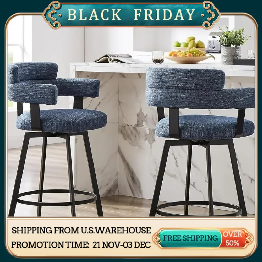 

Counter height bar stool with full backrest rotating bar chair, modern high footed stool,2-piece set, with linen padded backrest