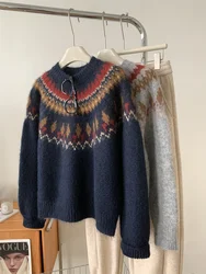 Contrasting Jacquard For Women, Loose Casual, Thick And Warm, 24autumn/winter Wool Knit Sweater