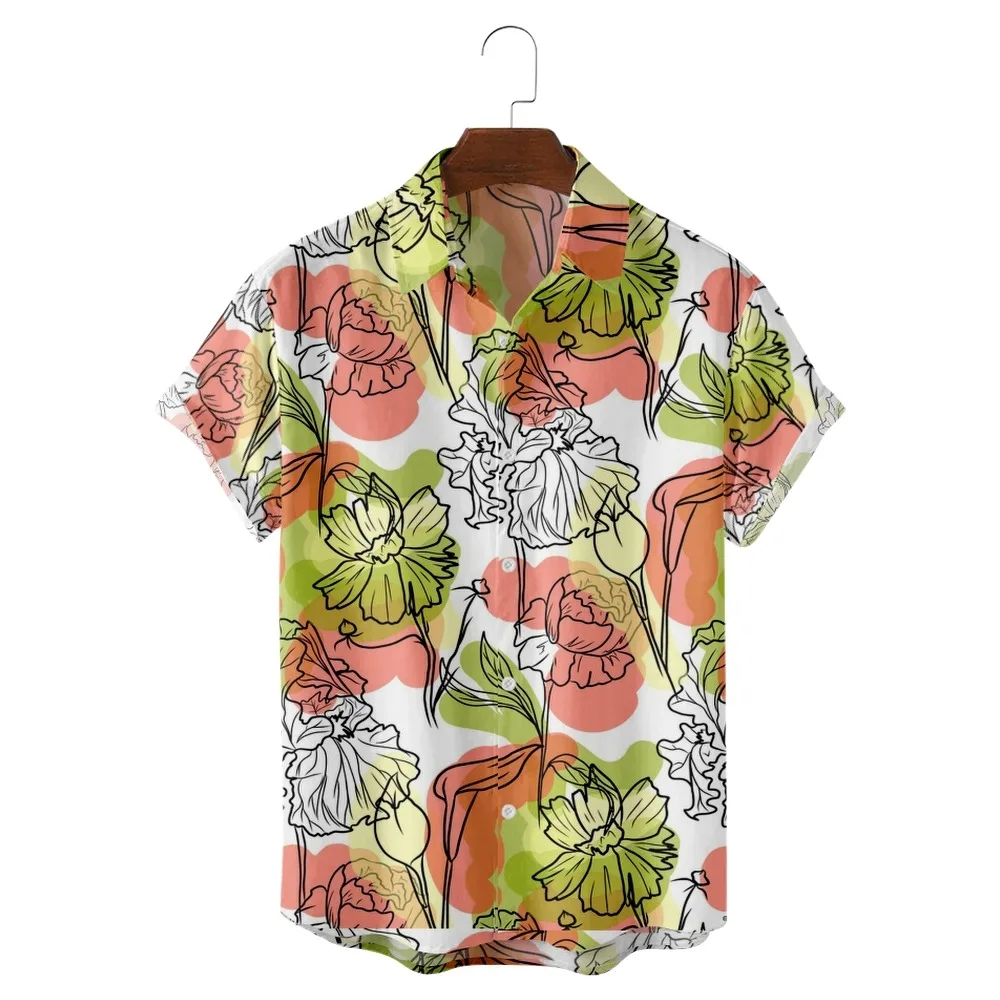 

2022 summer short sleeved shirt 3D printing colorful hand drawn flowers printed Lapel shirt square color men's top