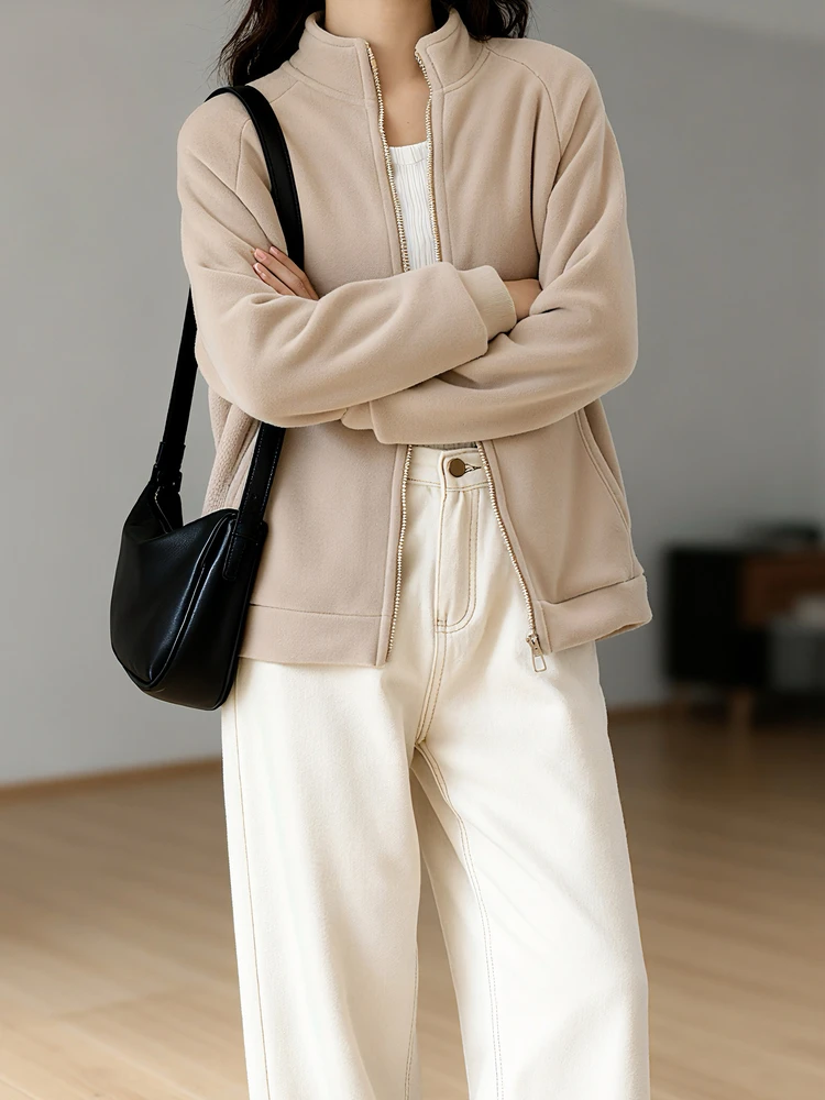 

Thiened Fce Jaet Women's Casual Stand Collar Zipper ort Coat Warm Fluffy Outerwear Small Size Versatile West Wood