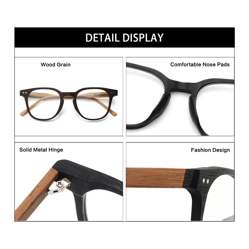 HDCRAFTER Vintage Optical Myopia Eye Glasses Frame Wood Square Prescription Eyeglasses Frame with Clear Lens Men Women Eyewear