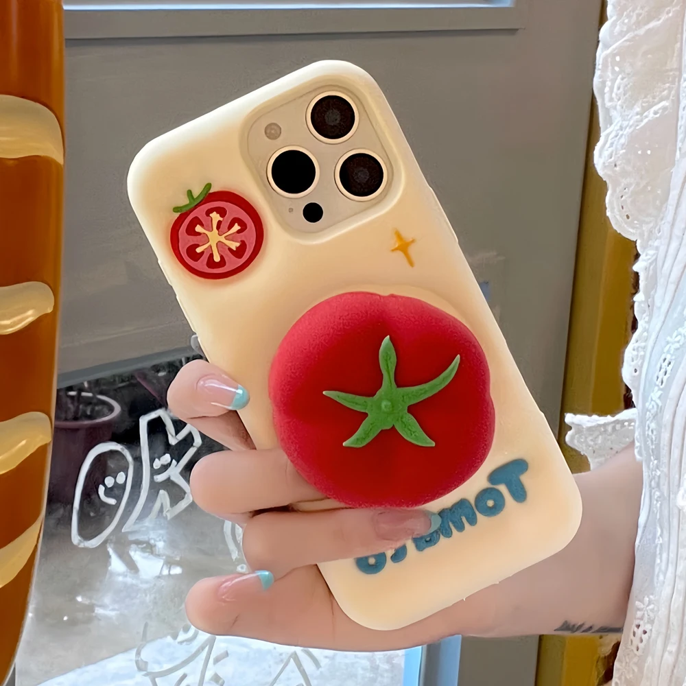 

3D Soft Silicone Case Cover for iPhone 12 13 14 15 16 ProMax - Cute Tomato Design with Full Protection & Telescopic Holder Stand