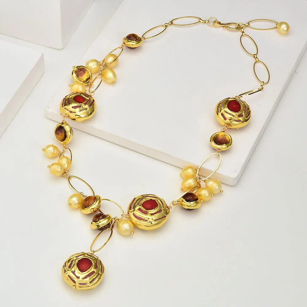 GG Freshwater Cultured Golden Rice Pearl Red Coral Electroplated Edged Beads Brown Murano Glass Chain Necklace 21