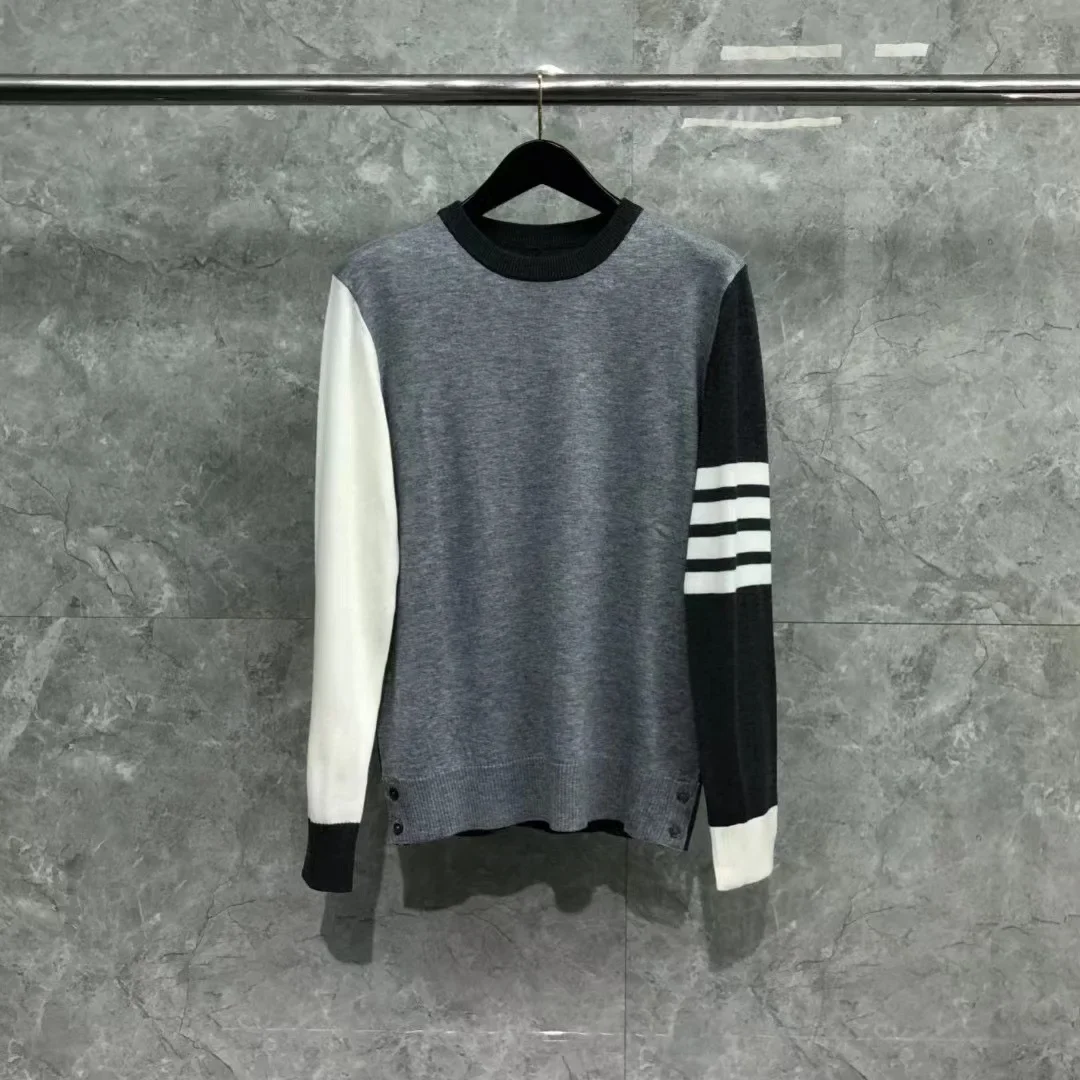 Tb Toms Autumn/winter New White Color Block Round Neck Sweater For Men Women Casual Style Factory Direct Sweater