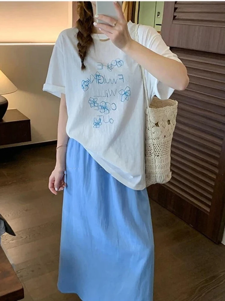 Bedrucktes weißes T-Shirt aus reiner Baumwolle mit kurzen Ärmeln, koreanische Mode für Damen, Sommer, vielseitig, süß, locker, lässig, Top