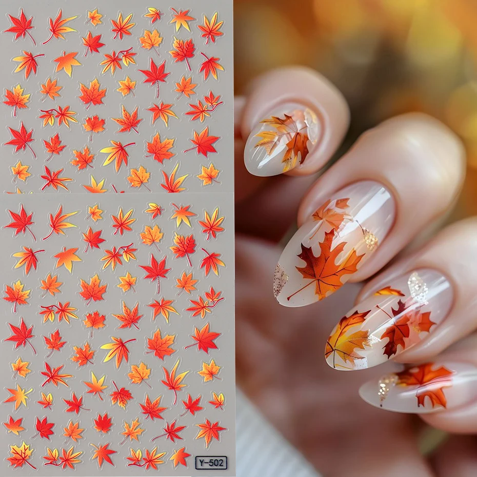 2pcs Autumn Maple Leaf Nail Stickers - Self-Adhesive,Orange & Yellow Fall Leaves Design Decals  for DIY Nail Crafts