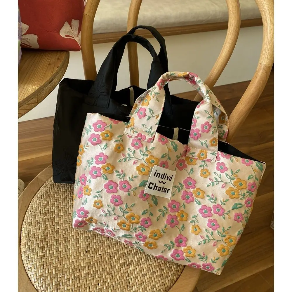 Tulip Floral Canvas Tote Bag Simple Handholder Oil Painting Bow Handbag Reusable Shopping Bag French Style Lunch Bag Lady