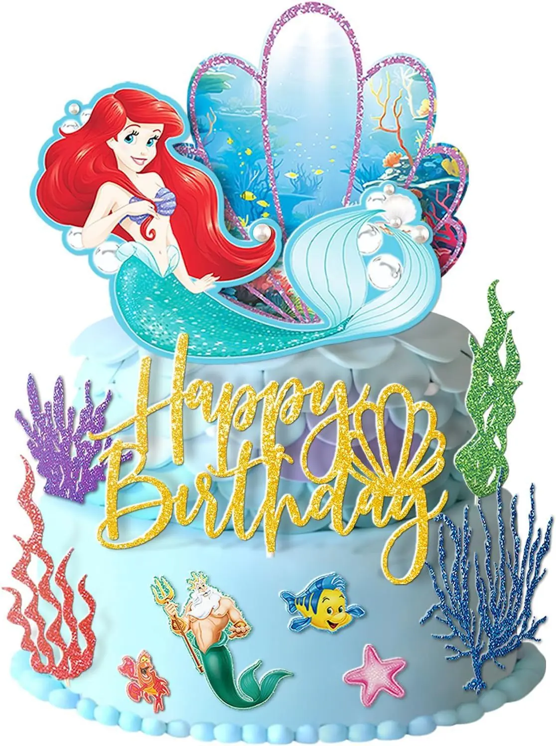 11pcs Little Mermaid Cupcake Glitter Cake Topper for Wedding Birthday Party Decoration For Girl Pearl Shell Baby Shower Supplies