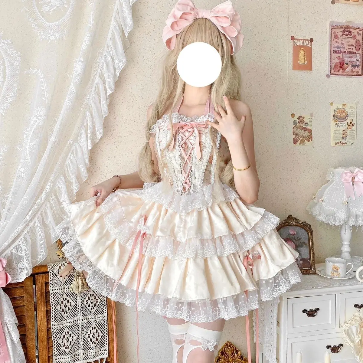 Japan Lolita Fish Bone Lace Hanging Neck Corset Half Skirt Set Victoria Fashion Tea Party Cute Girl Suit