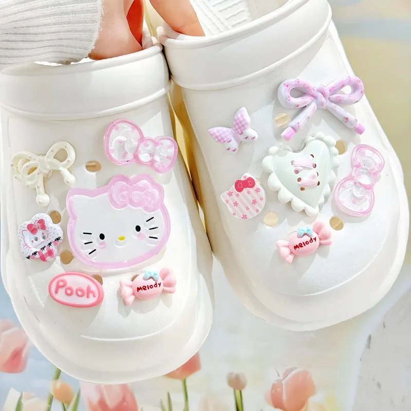 12Pcs Acrylic Cartoon Girls Women Cute Bow Shoe Charms DIY Hole Shoes Detachable Buckle Slides Sandals Garden Shoes Accessories