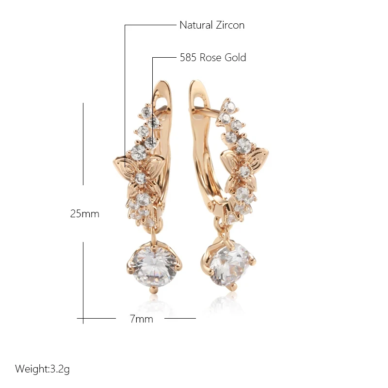 Wbmqda Sparkling Natural Zircon Drop Earrings For Women 585 Rose Gold Color Luxury And Romantic Wedding Party Dubai Jewelry