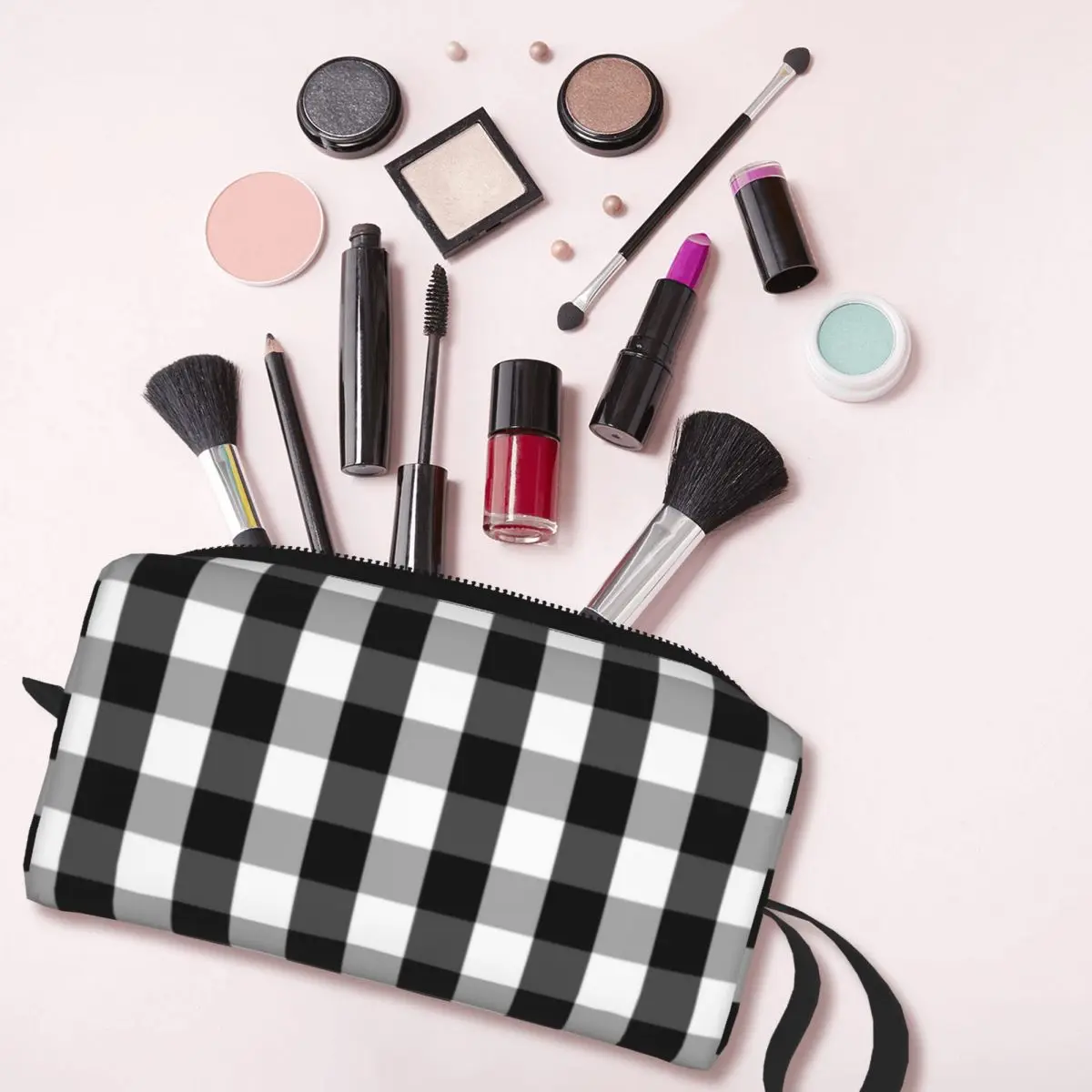 Black White Gingham Plaid Makeup Bag Women Travel Cosmetic Organizer Kawaii Check Pattern Storage Toiletry Bags