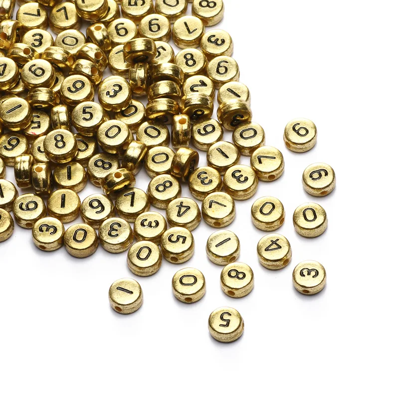 100pcs 7mm Gold Color Mixed Number Acrylic Beads Loose Spacer Digital Beads For Diy Jewelry Making Bracelet Necklace Accessories