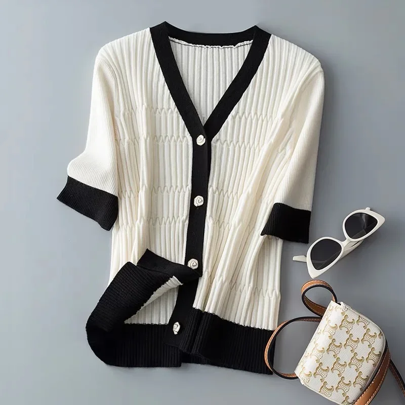 2023 New Women's cashmere cardigan V-neck short sleeved white black patchwork Korean summer boutique exquisite cardigan