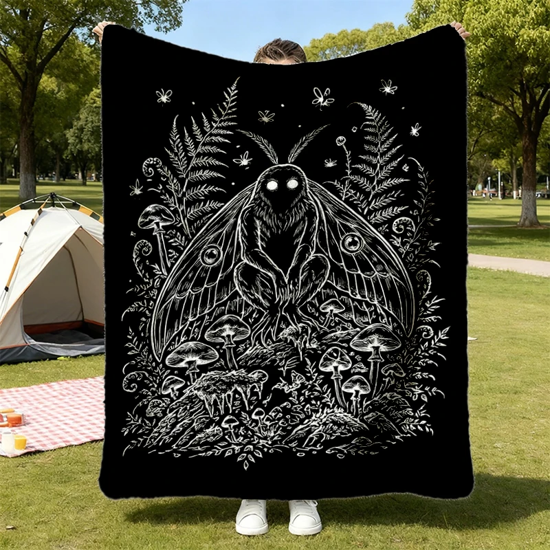 Mothman Comfort Flannel Blanket, Vintage Cryptid Graphic Flannel Throw, Gothic Forest Moth Cozy Blanket