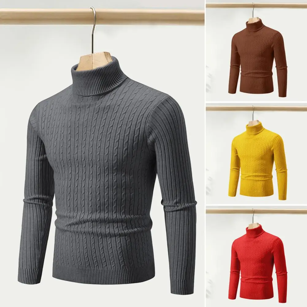 Sweater pria, pakaian musim dingin leher tinggi dasar lengan panjang warna polos leher tinggi atasan Turtleneck