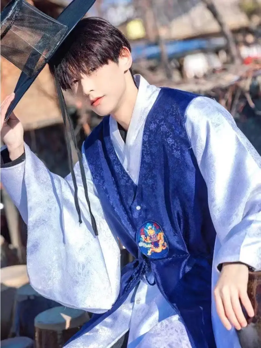 men's-hanbok-traditional-korean-palace-style-costume-silver-stamping-wedding-bridegroom-uniform-north-korea-stage-show-long-robe