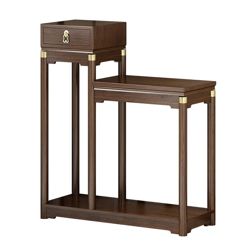Bamboo Plant Stand Rack, New Chinese Style Combined Multi-tier Flower Shelf & Fish Tank, Widened Display for Living Room,