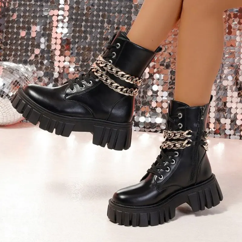 NEW Women Square Heel Platform Booties Shoes Mid Tube Leisure Style Women Boots Side Zipper Booties Autumn Winter Plus Size 42