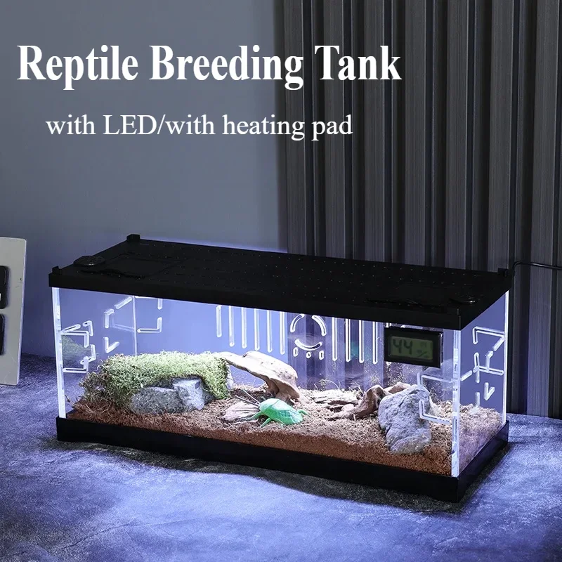 Reptile Acrylic Breeding Box with LED Lizards Snakes Winter Incubator with Heating Pads Reptiles Feeding Box Anti-escape Cages