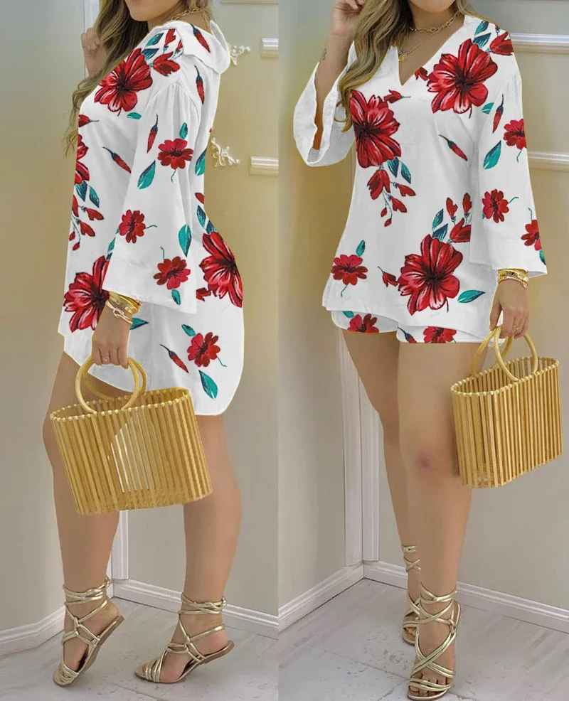 

Fashion Women's Suit 2024 Summer Casual Clothes Red Floral Print Long Sleeve V-Neck Top & Shorts Sets Female Half Pants Outfits