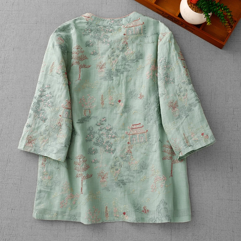 Elegant Chinese Style Short Sleeve Shirt Women's Fashionable Embroidery Heavy Work Revival Mid-Sleeve Small Top