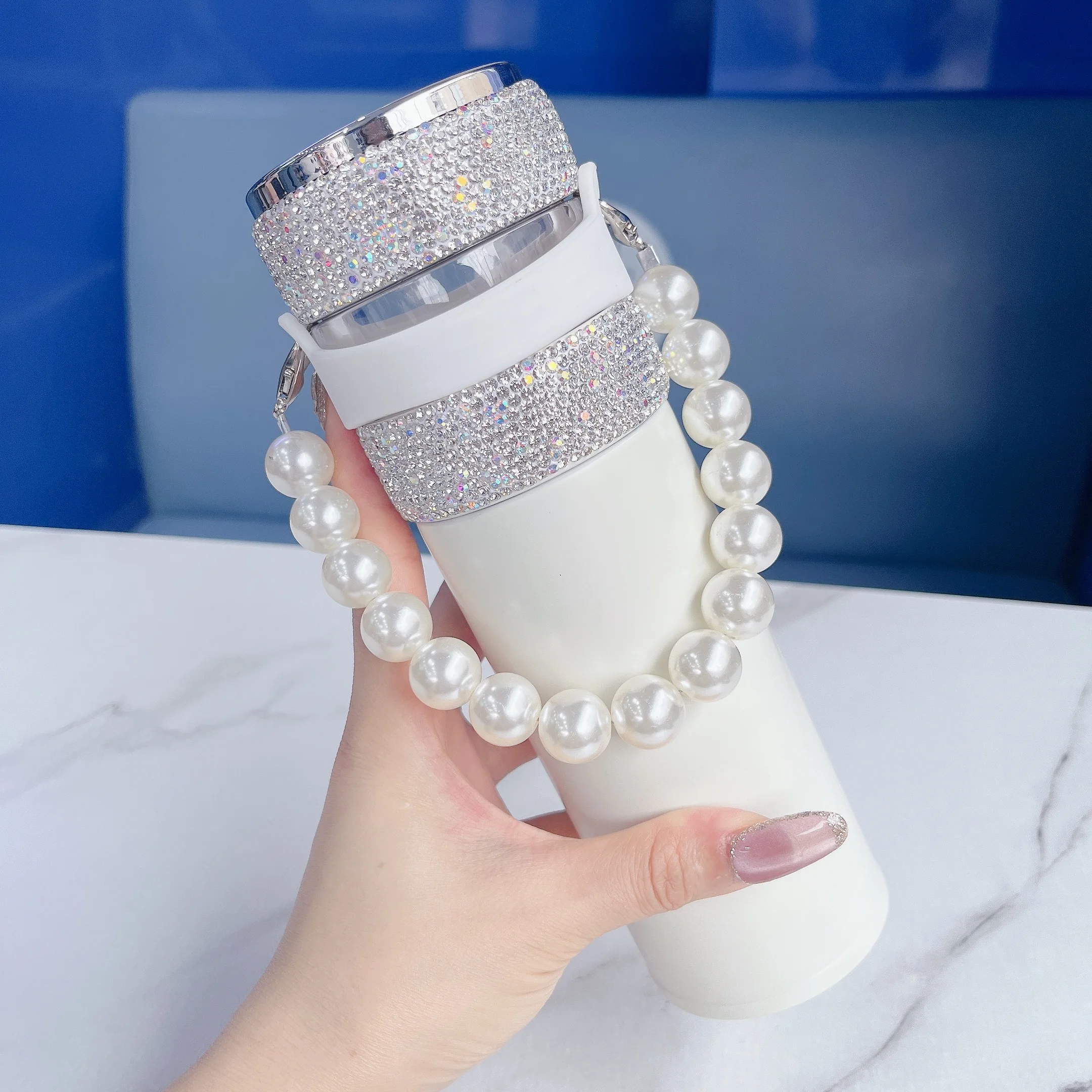 LED Temperature Display Thermos Mug with Rhinestone Pearl Chain 316 Stainless Steel Vacuum Insulated Tea Water Separator Cup