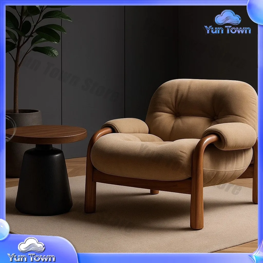 Wabi Sabi Solid Wood Single Sofa Chair for Mid Century Modern Design Vintage Lounge Armchair with Backrest and Armrests for