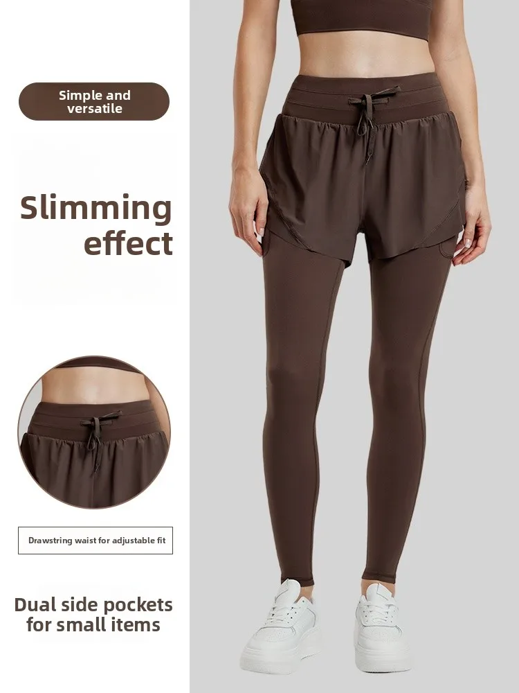 Calças de yoga de cintura alta calças de fitn femininas com faixa de levantamento de bunda ket esportes apertados calças compridas falso conjunto de duas peças