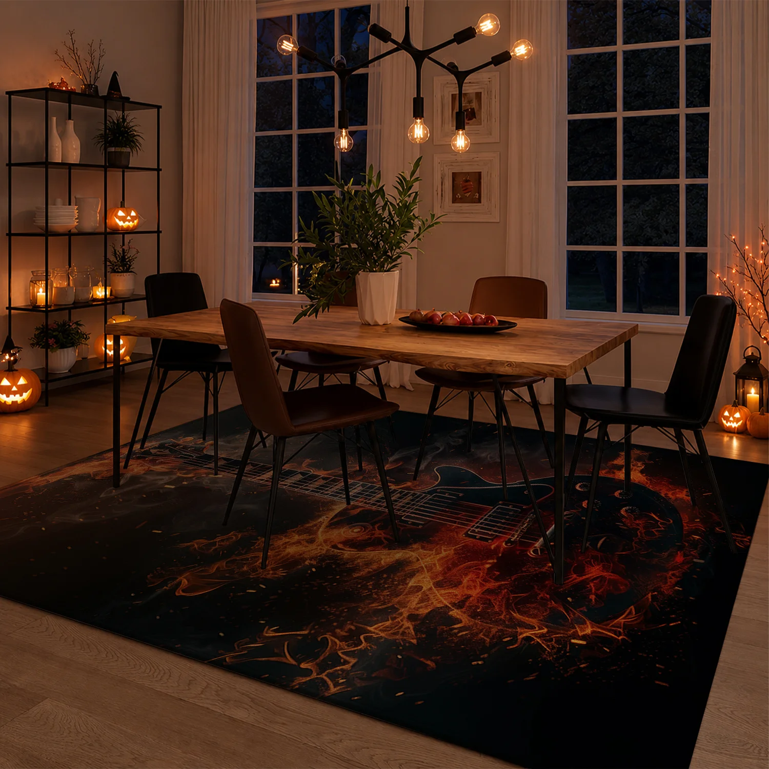 Large Indoor Area Rug, Soft Velvet Low Pile Rug with Non-Slip Dotted Backing, Machine Washable, Dark Burning Electric Guitar Pattern Fiery Rock Style Rug for Living Room, Bedroom, Music Room, Music Lovers Home Decor