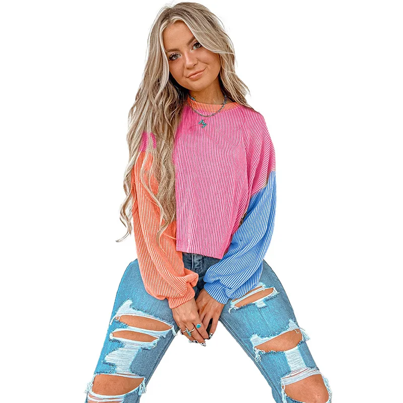 New Color Blocking Splicing Round Neck Sweatshirt for Women's Casual Loose Short Knitted Pullover for Women