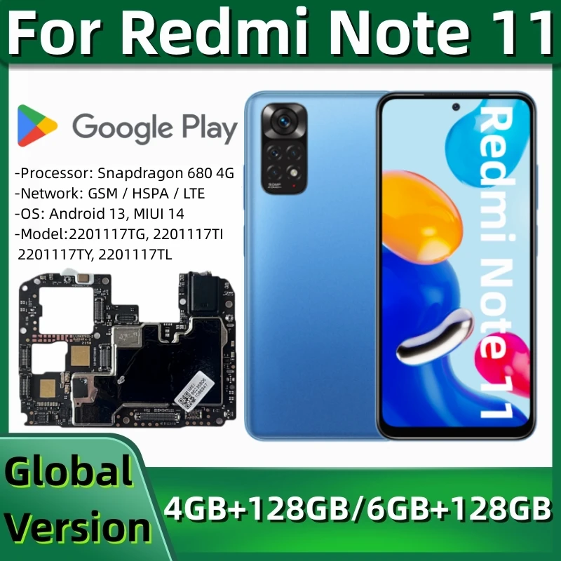 Motherboard for Xiaomi Redmi Note 11 4G, Unlocked Mainboard, Logic Board with Global MIUI System, 128GB