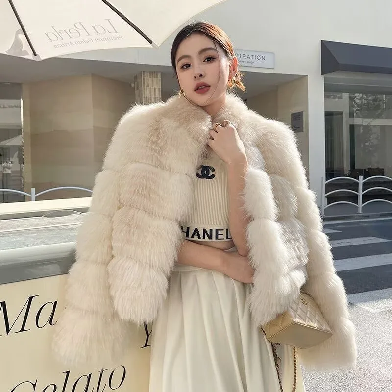 Sunset Sweet Wine 2025 Autumn/Winter New Collection Winter Fox Hair Strips Leather Coat Women Style Stylish Short Style Popular