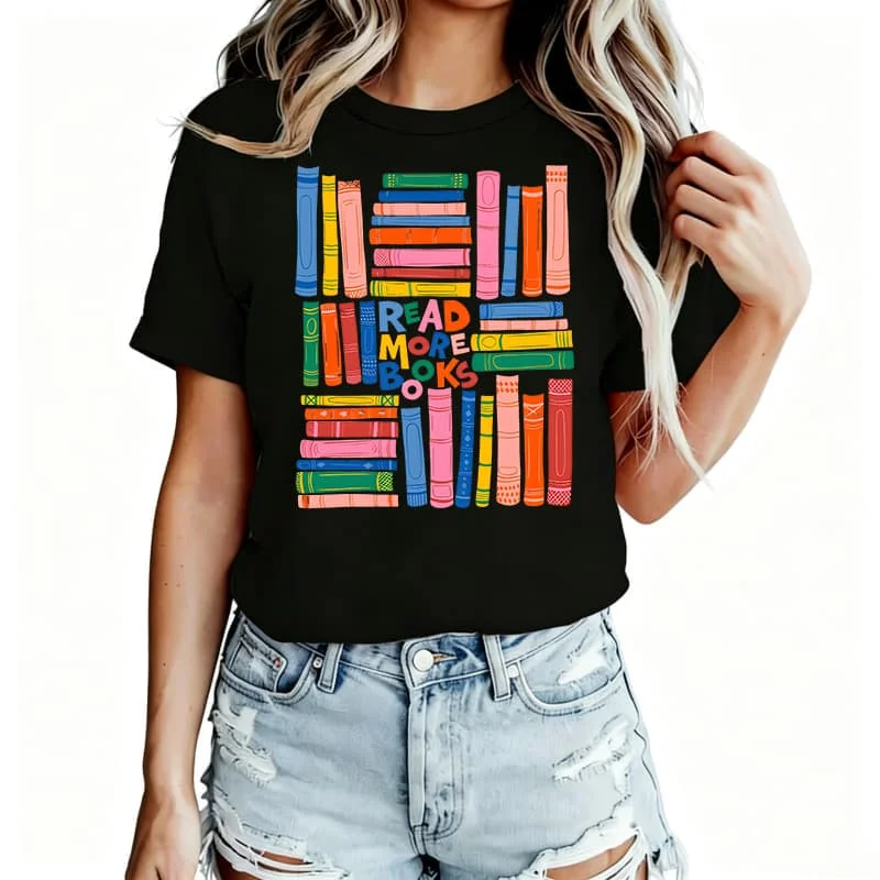 Ok Lover t Shirt Women Colorful Stacked Books Women's T-Shirt 100% Cotton Funny Graphic Short Sleeve Tee Novelty Shirt Casual Crew Neck Top S-5Xl