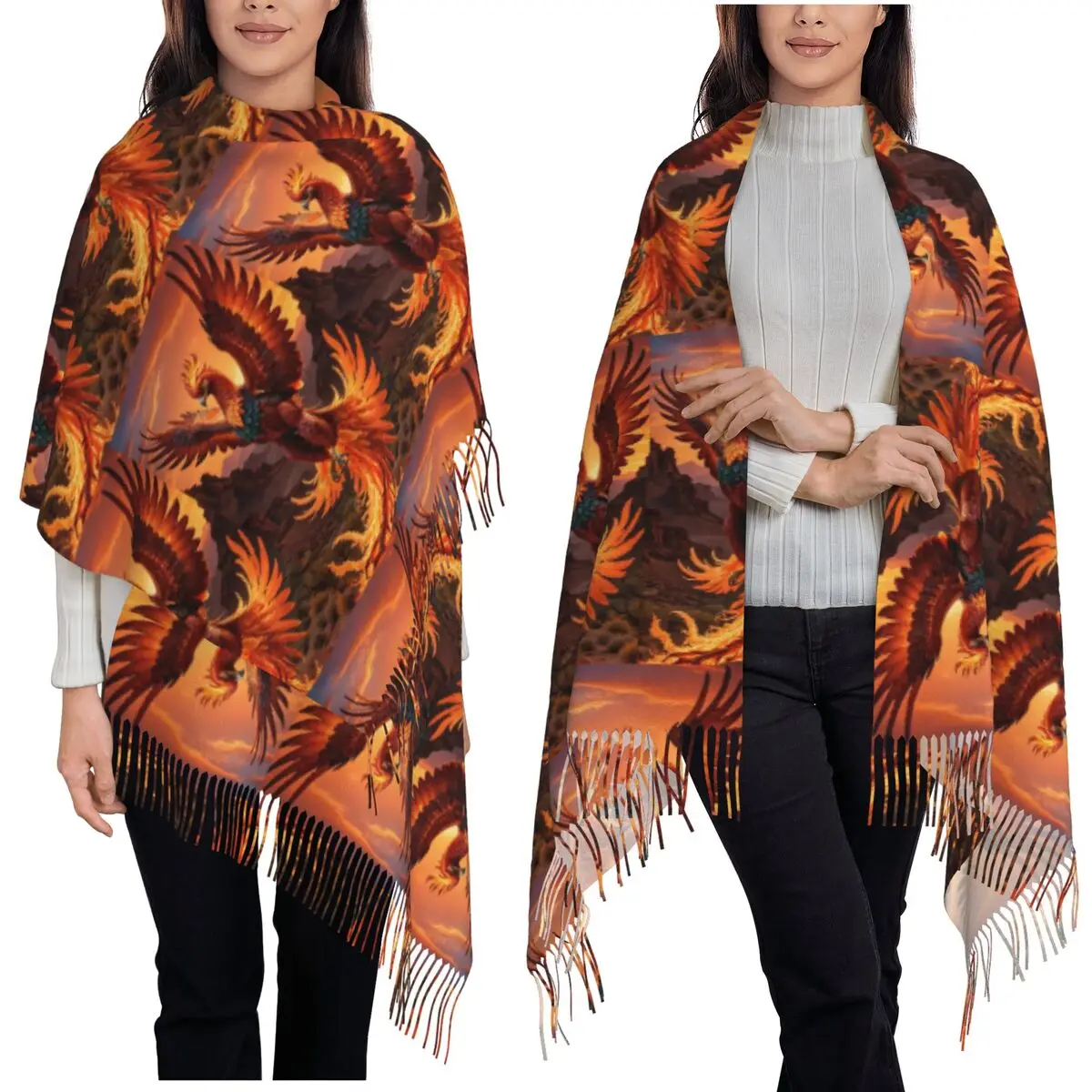 Phoenix Mythical Bird With Fiery Wings Scarf Tassel Scarves Women Soft Warm Shawls and Wraps Large Fall Winter Shawl Wrap