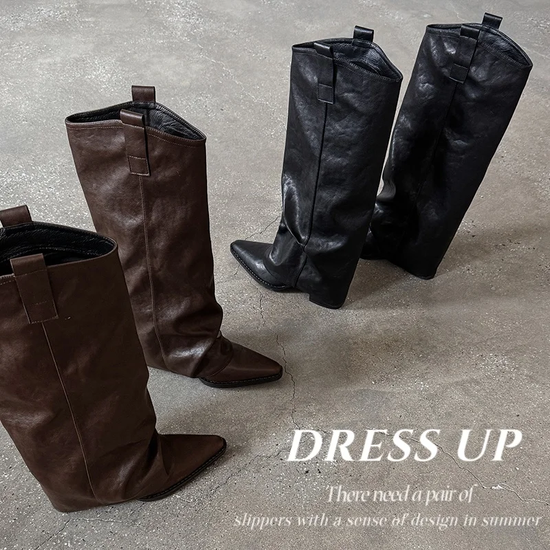 2026 autumn winter women knee-high boots natural leather 22-25cm split leather+Lycra+pigskin/plush square toe women pants boots