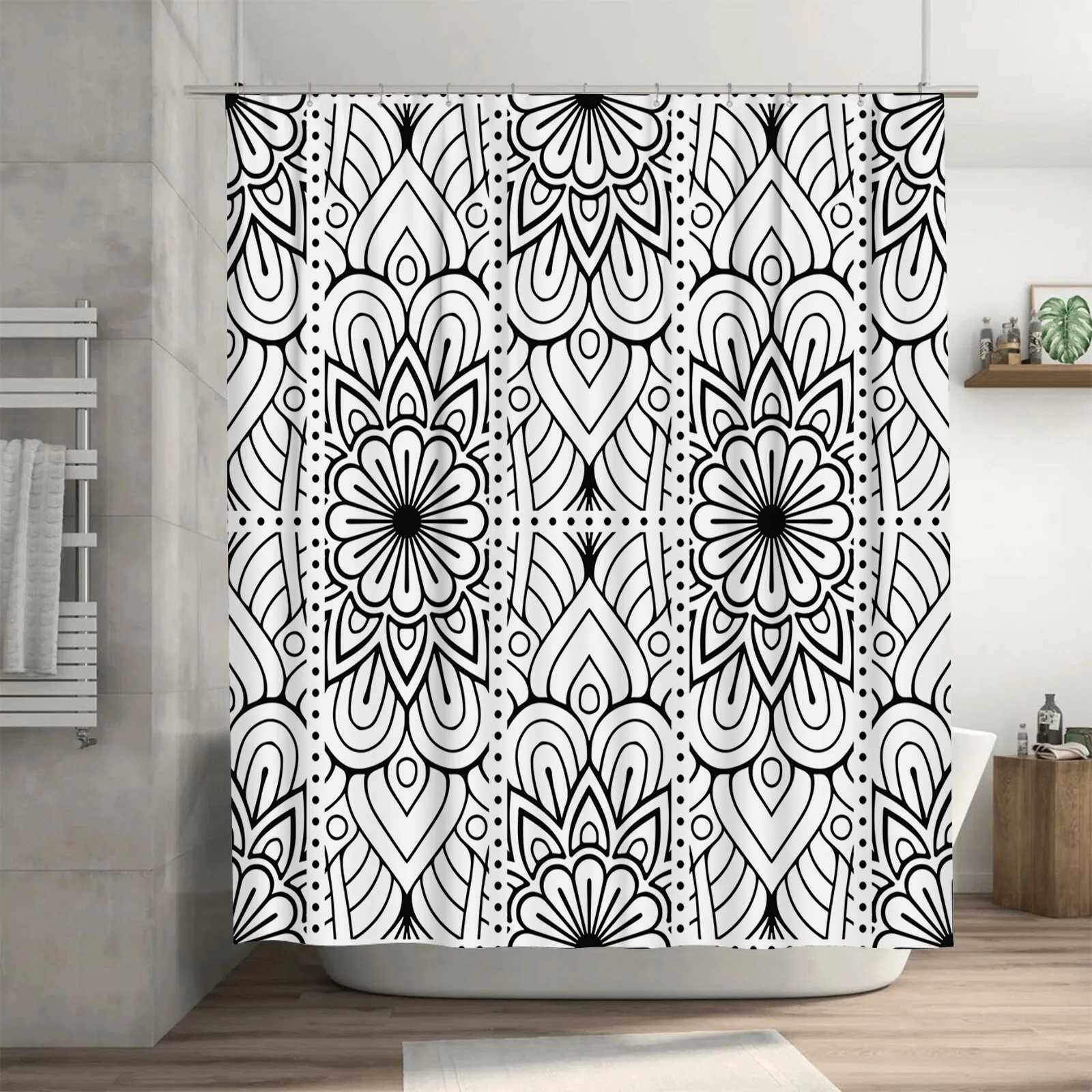 Modern Black White Floral Shower Curtain Decorative Bathtub Fabric Panel for Bathroom Polyester Material with Rod Pocket (180cm