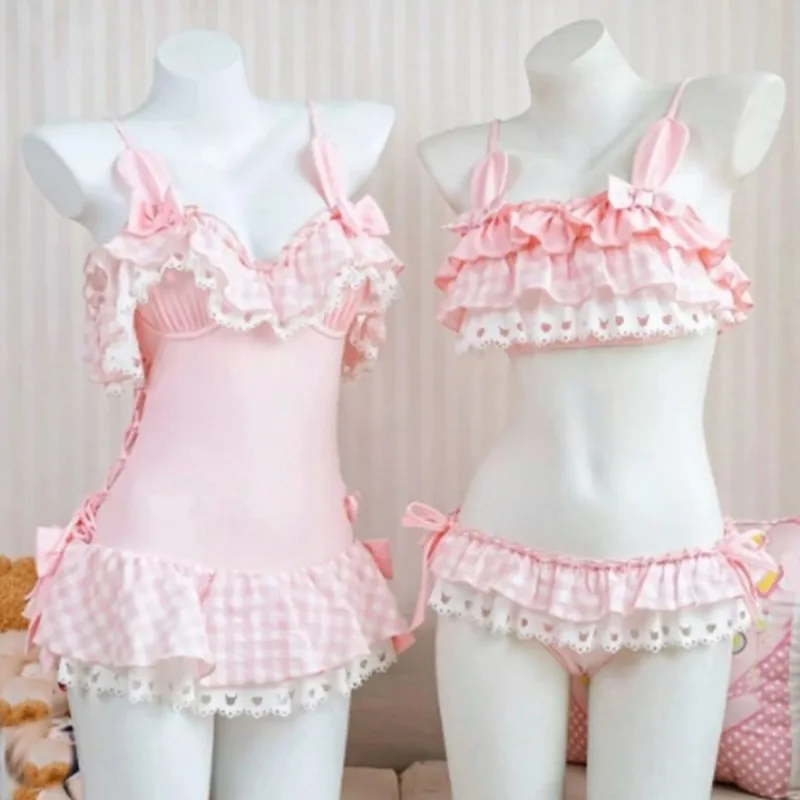 Women Kawaii Pink Gingham Bunny Ear Swimsuit, Ruffle Lace Skirted Jumpsuit Sweet Lolita Split Style Beach Bathing Suit Swimwear