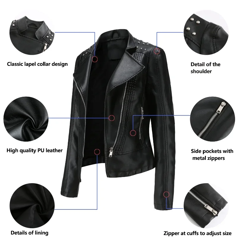 BTQWFD Female Clothing PU Leather Motorcycle Rivet Jackets Autumn Winter Coats Women Outwear Long Sleeve Fashion 2024 New Tops