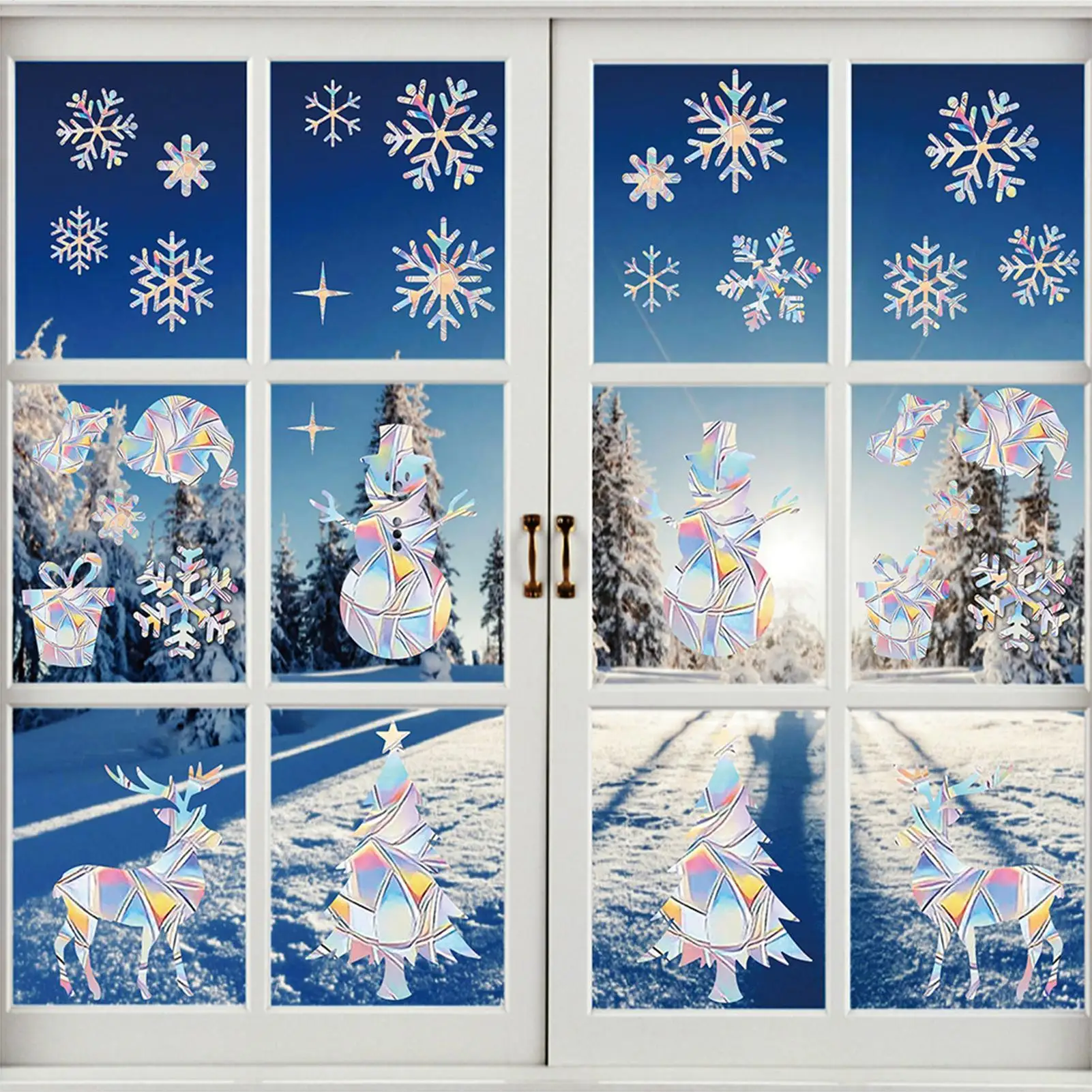 Colorful Stained Christmas Snowflake Glass Window Stickers Xmas Elk Wall Sticker Noel Merry Christmas Decor Happy New Year 2026