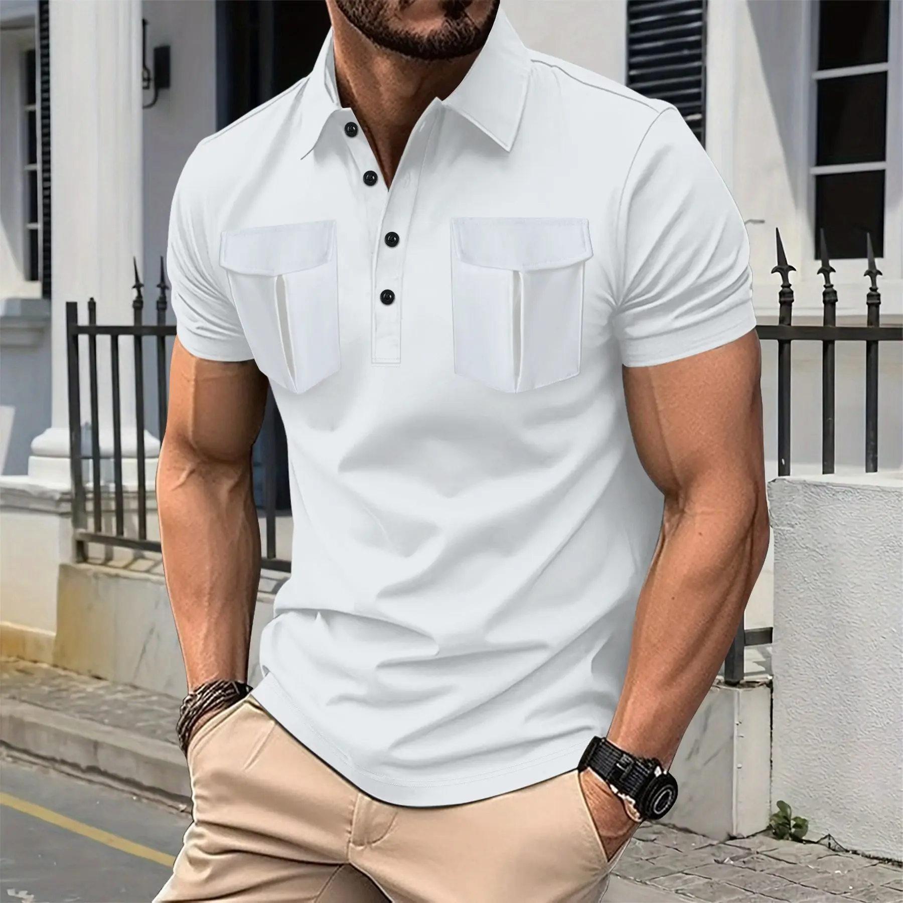 Best-selling Men's Simple New Long Front Button Lapel Double Pockets Solid Color Short-sleeved Men's Casual POLO Shirt