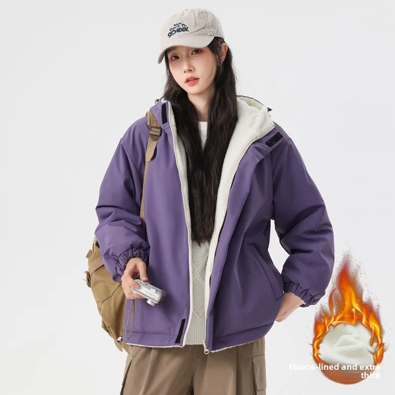 

Double-Sided Wear Lamb Velvet Jaet Thiened Floing Cotton Coat Casual Warm Men's Women's Sle Stand Fit Polyester Fiber