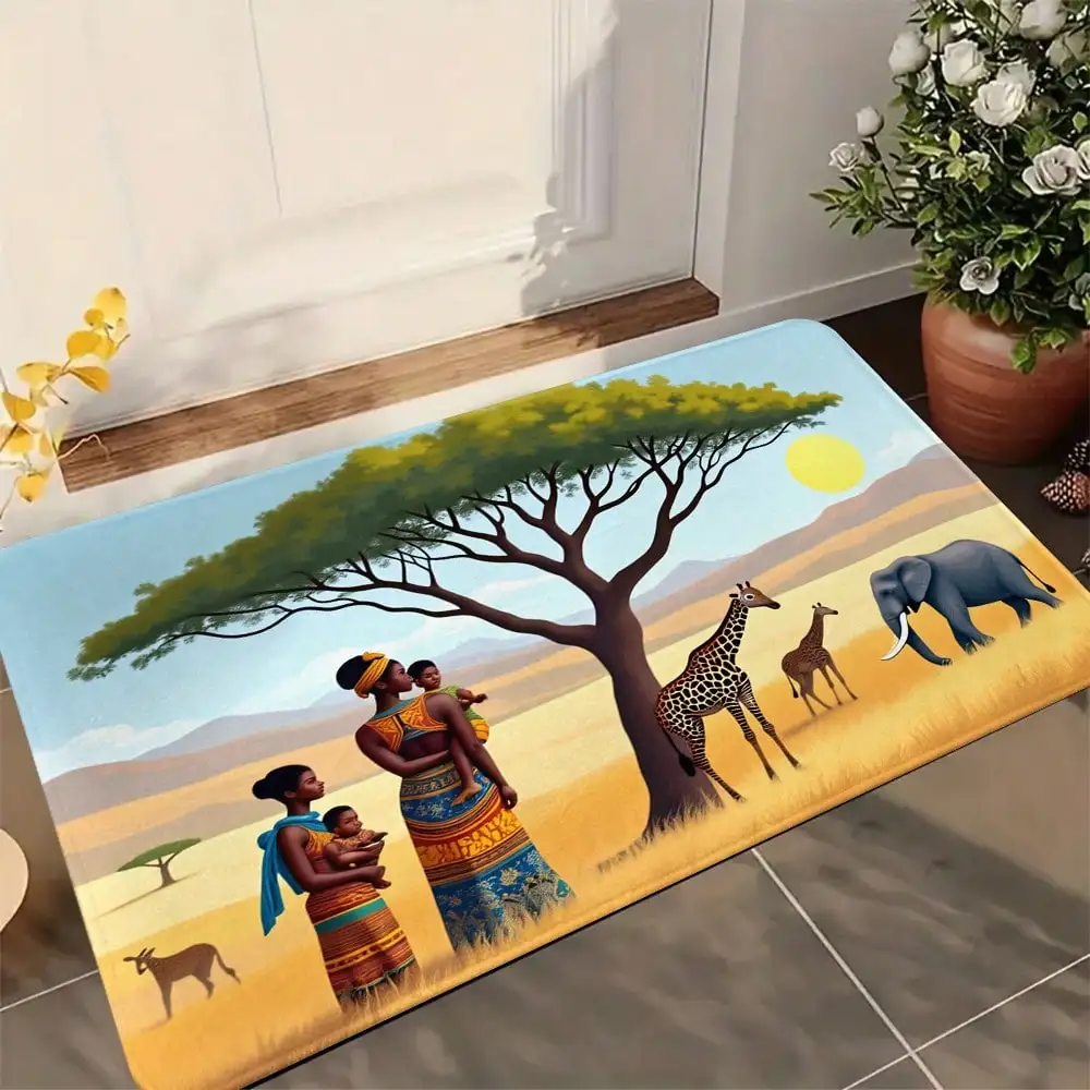 African Safari Door Mat - Wildlife Elephant Giraffe Tree Decor, Scenic Nature Entrance Rug, Exotic Home Accents, Multiple Sizes