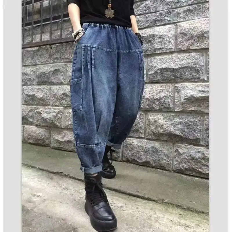 

Spring New Retro Style Ankle-length Casual Distressed Jean Elastic Waist High Waist Trousers Denim Harem Wide Leg Pants L202