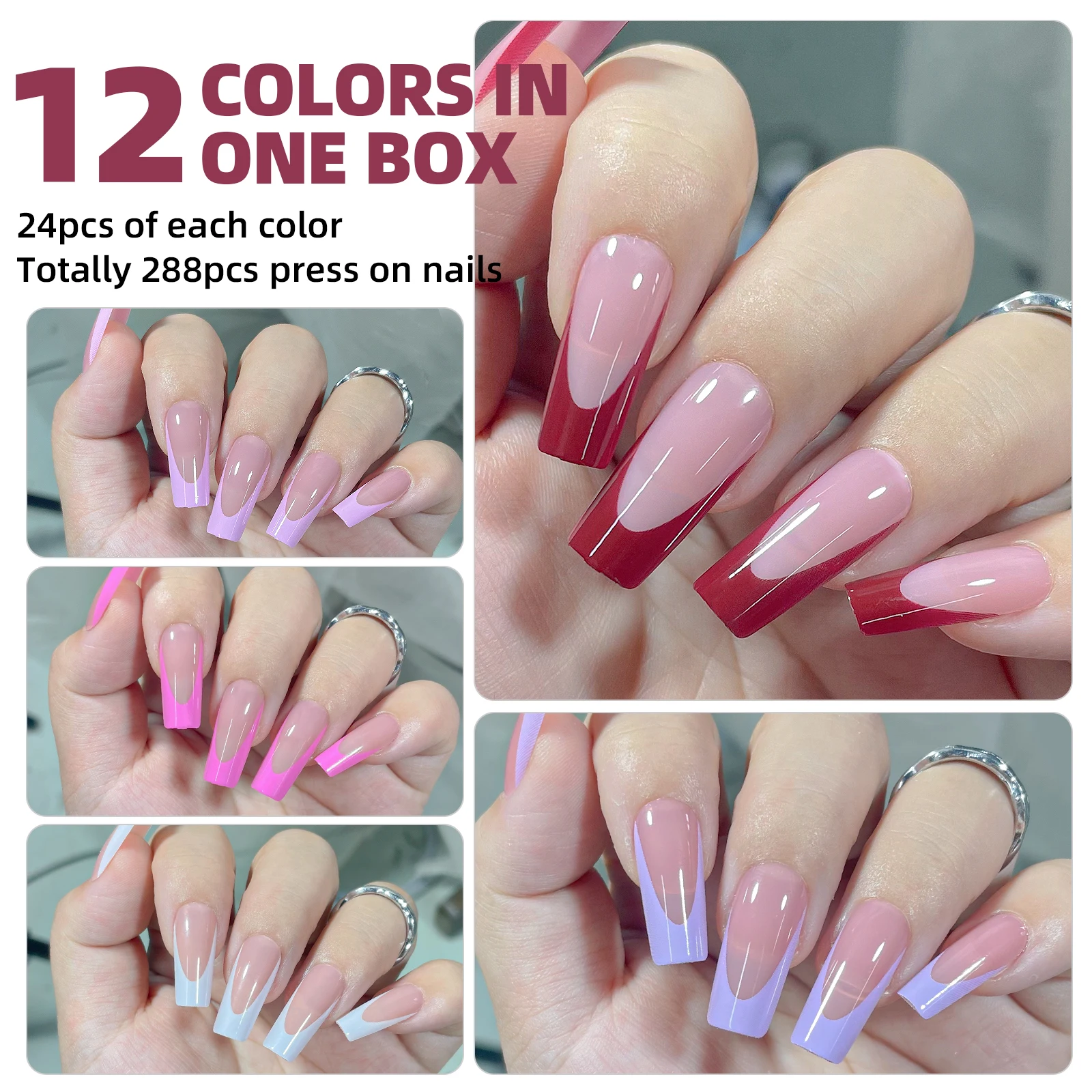 288pcs/box Acrylic French False Nails Medium Square Armor Full Cover Nail Tips Can Be Removable Mixed Size Press On Nails