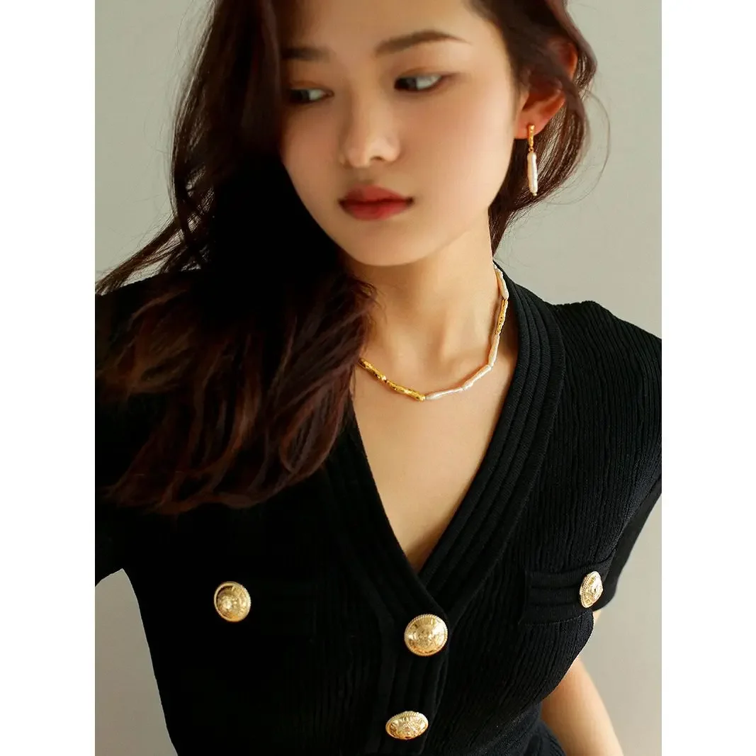 Toothpick Baroque Pearl Collarbone Chain Earrings Bracelet Jewelry Set for Women Boucle D'oreille Korean Japan Style Fashion