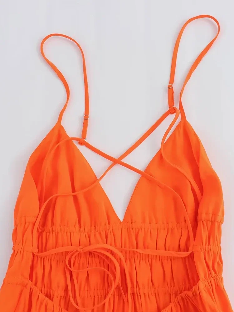 Foridol Oranje Backless Tie Up Sexy Zomer Vrouwen Jurk V-hals A-lijn Strand Onderjurk 2025, Spaghetti Party Midi vestidos