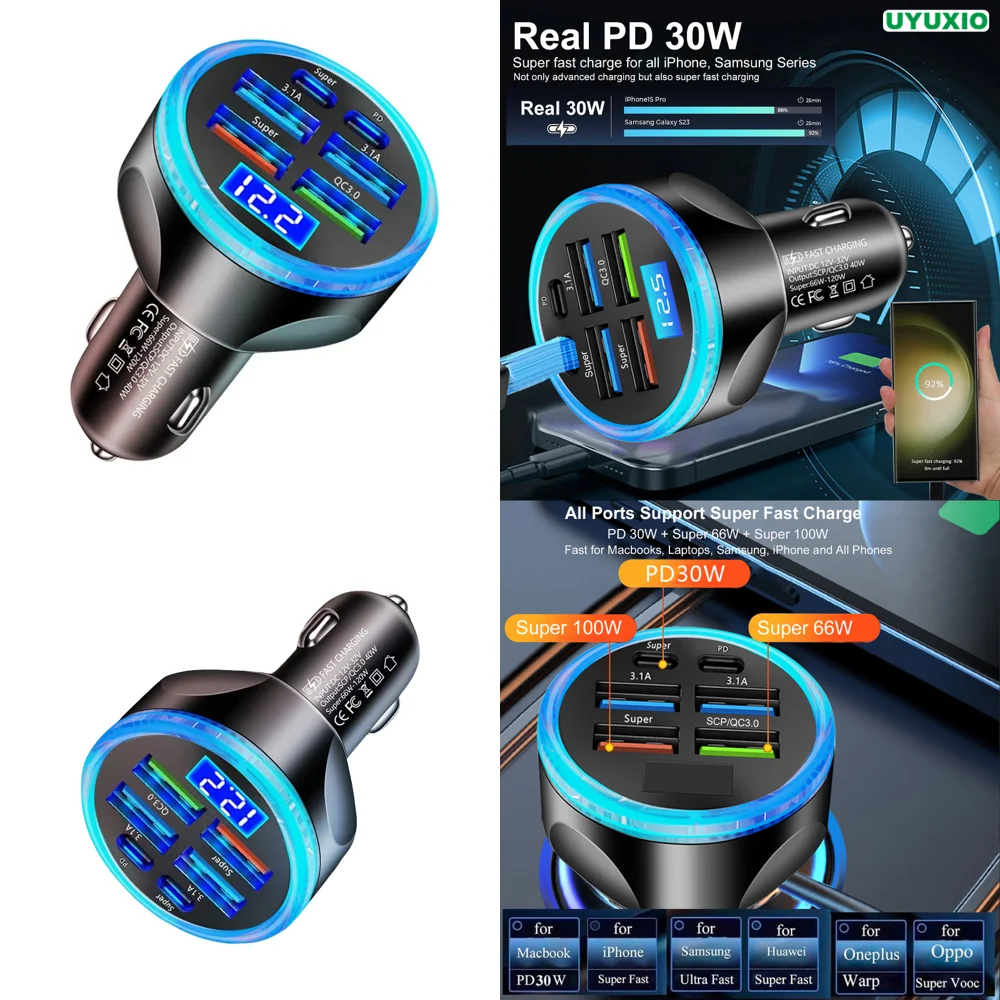 Dropshipping Products 6 in 1 Full PD 30W USB Car Charger Type C with Volt Meter Multi Port Fast with Voltage Display Trending