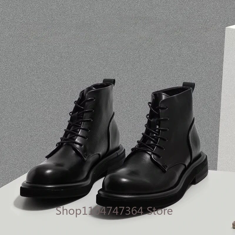 British Handmade Genuine Leather Thick Sole Derby Ankle Boots Men's Shoes High Top Casual Work Riding Chelsea Boots Male