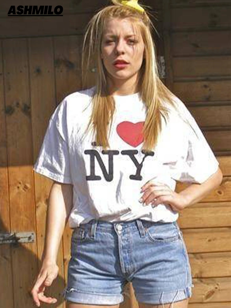 I Love Heart NY Letter Print Streetwear Summer Fashion Tee Grunge Goth Clothes Crop Top Harajuku Y2k Women\'s T-Shirts Femme